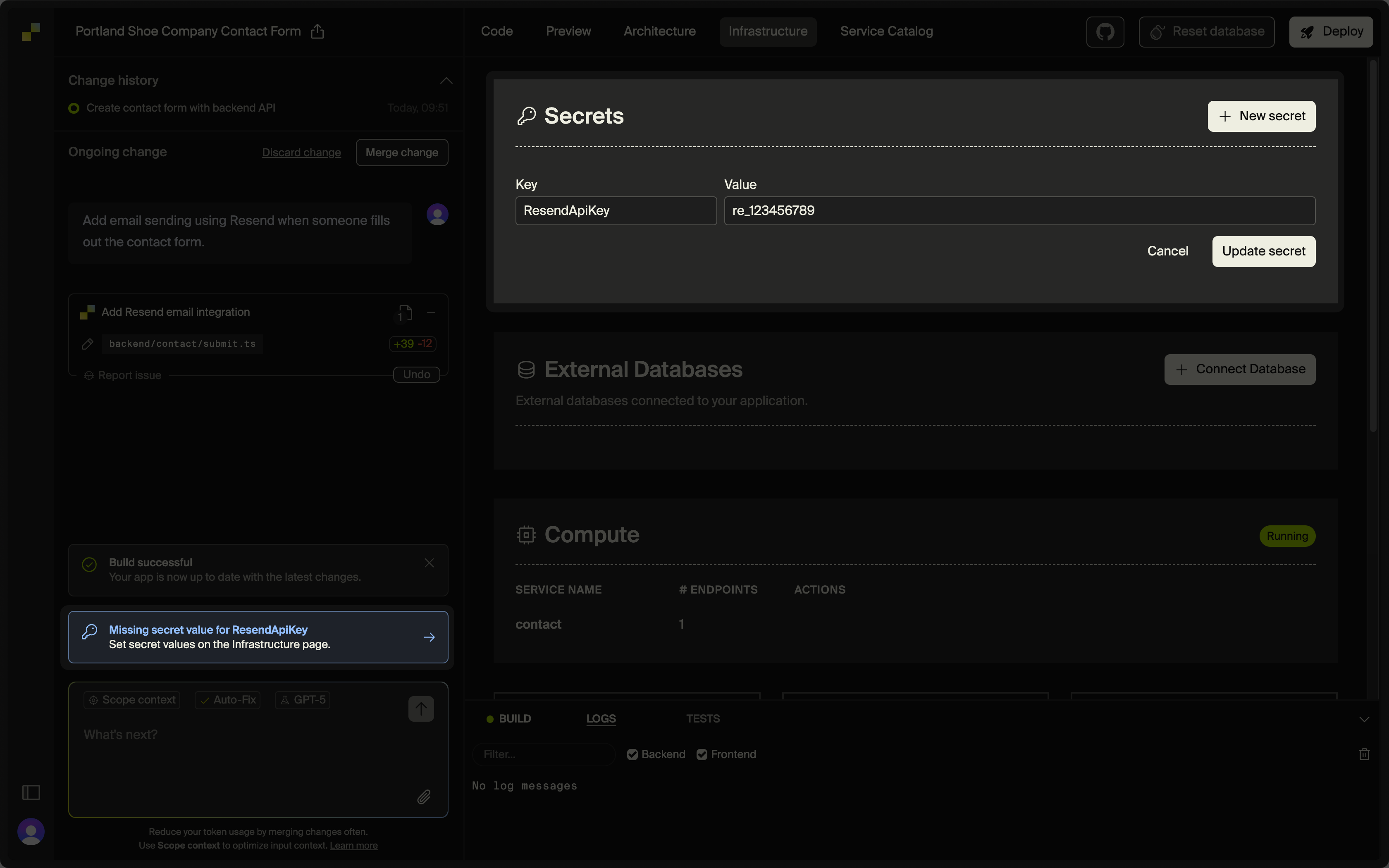 adding the Resend integration to a leap.new chat