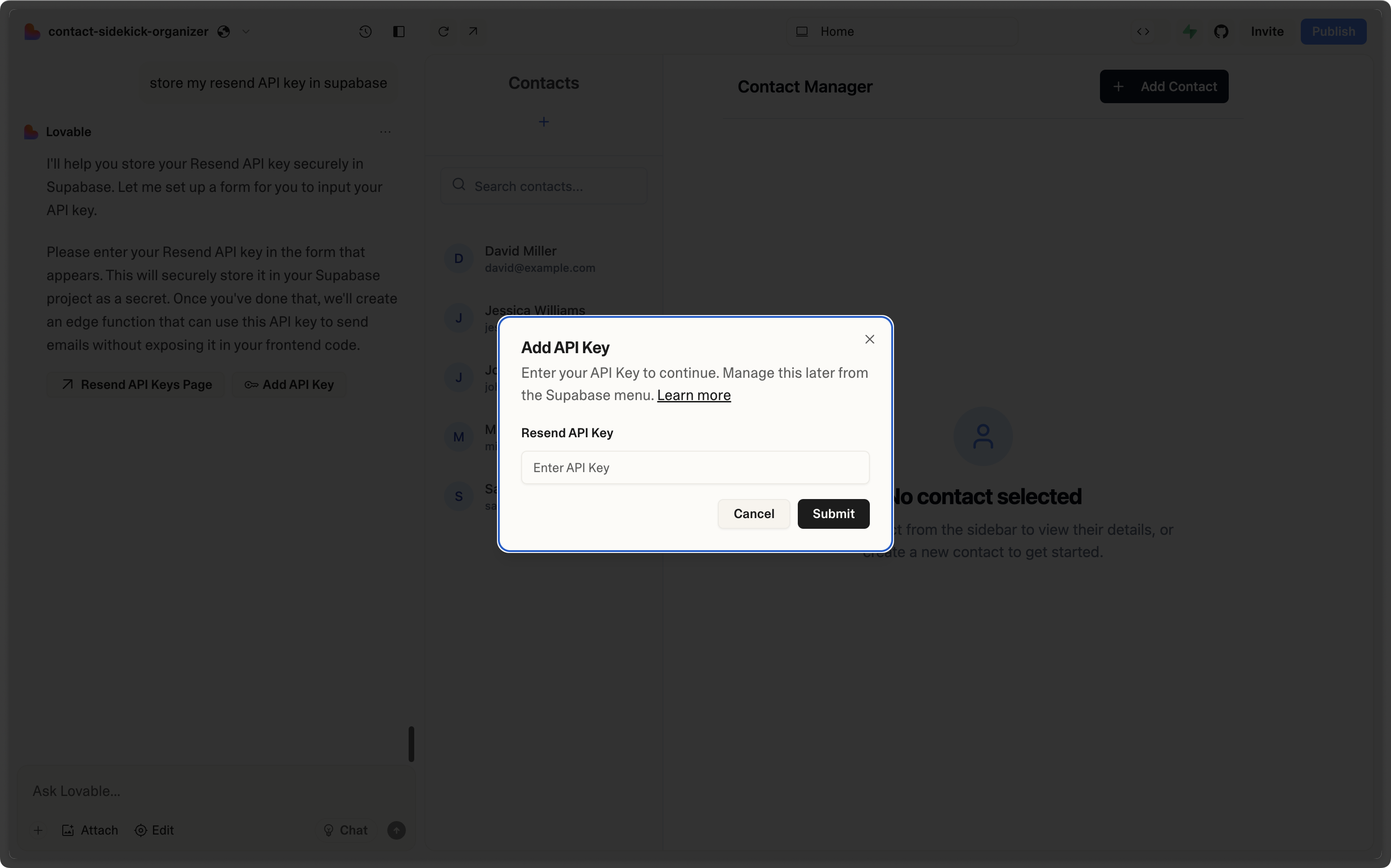 adding the Resend integration to a Lovable chat