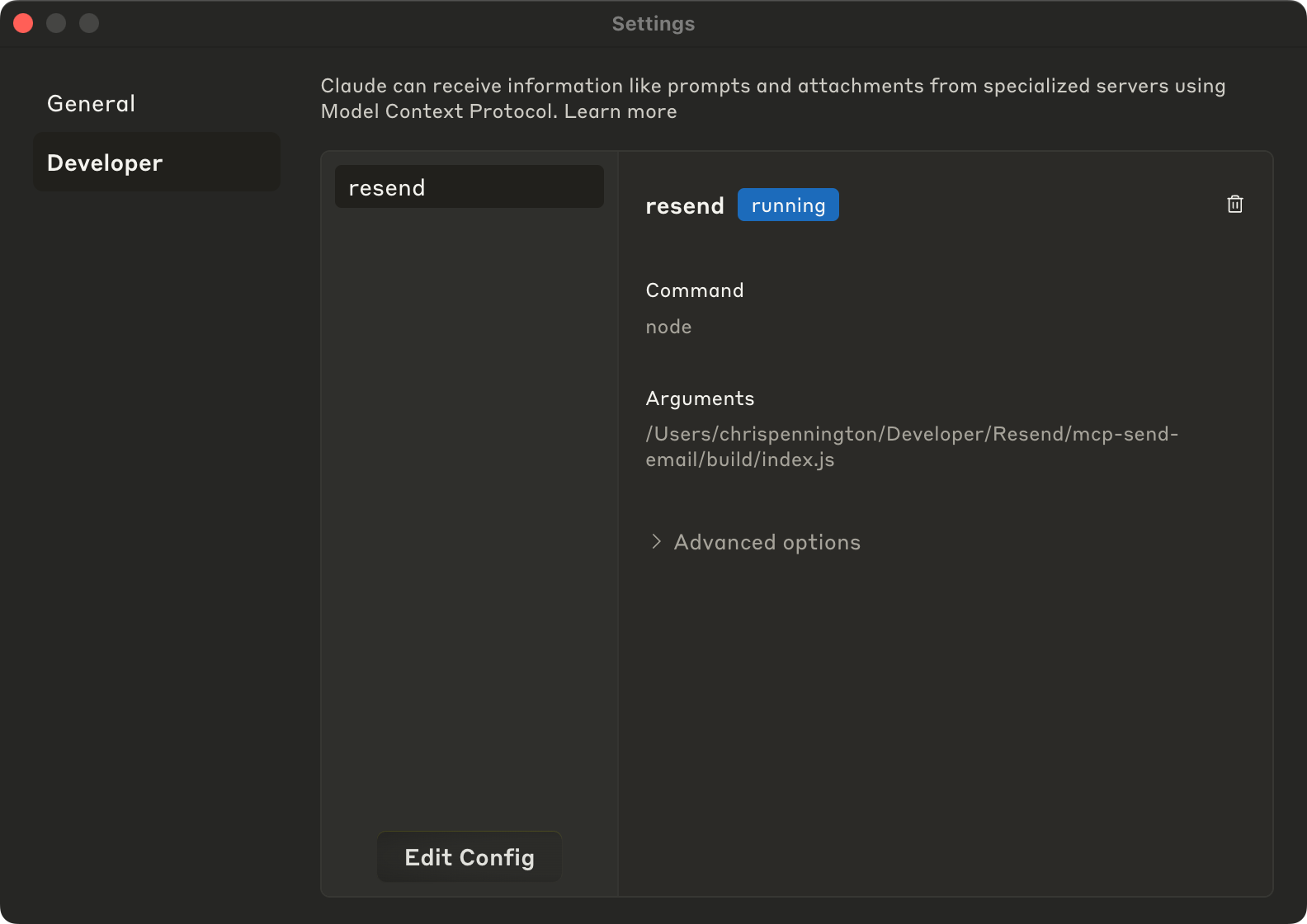 Claude Desktop developer settings with Resend MCP server showing