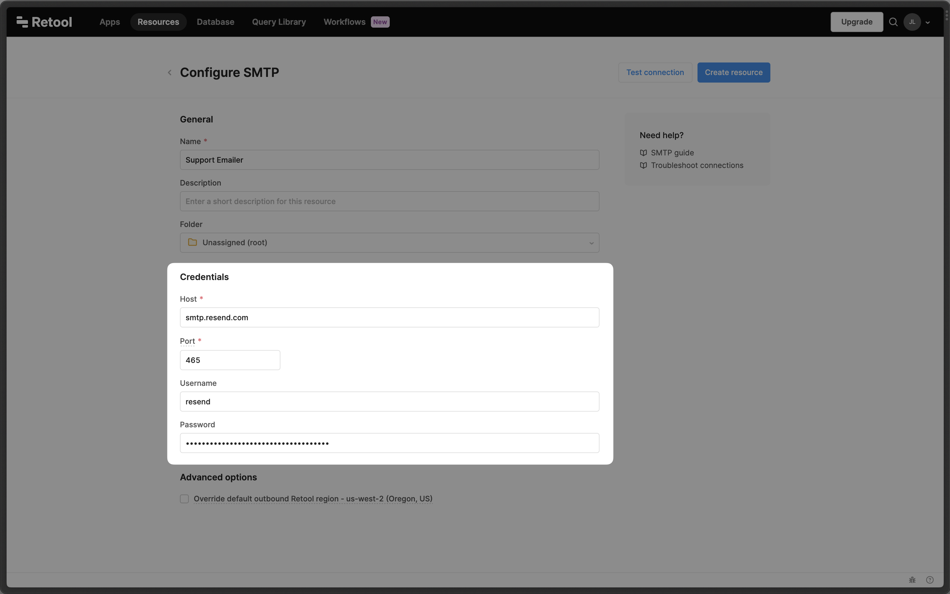 Retool SMTP - Add SMTP credentials