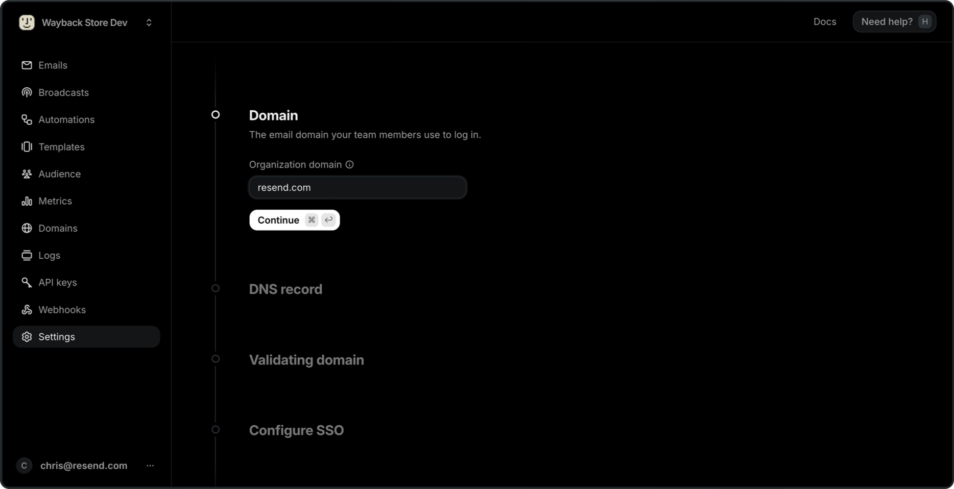 Domain step with the organization domain field