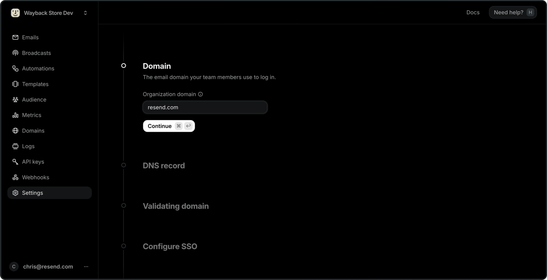 Domain step with the organization domain field