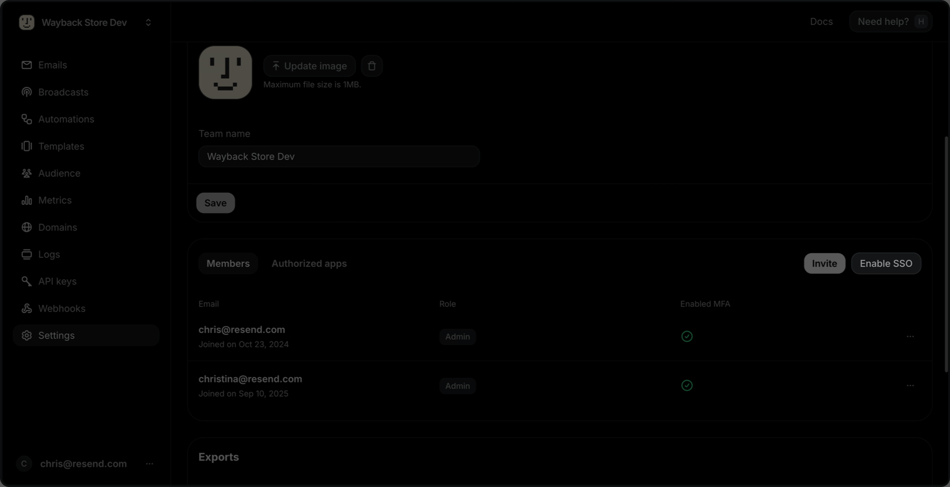Enable SSO button highlighted in team settings