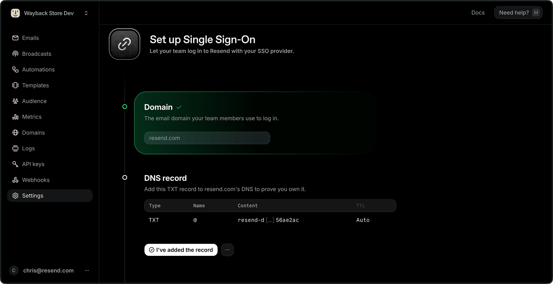 DNS record step showing the TXT record table