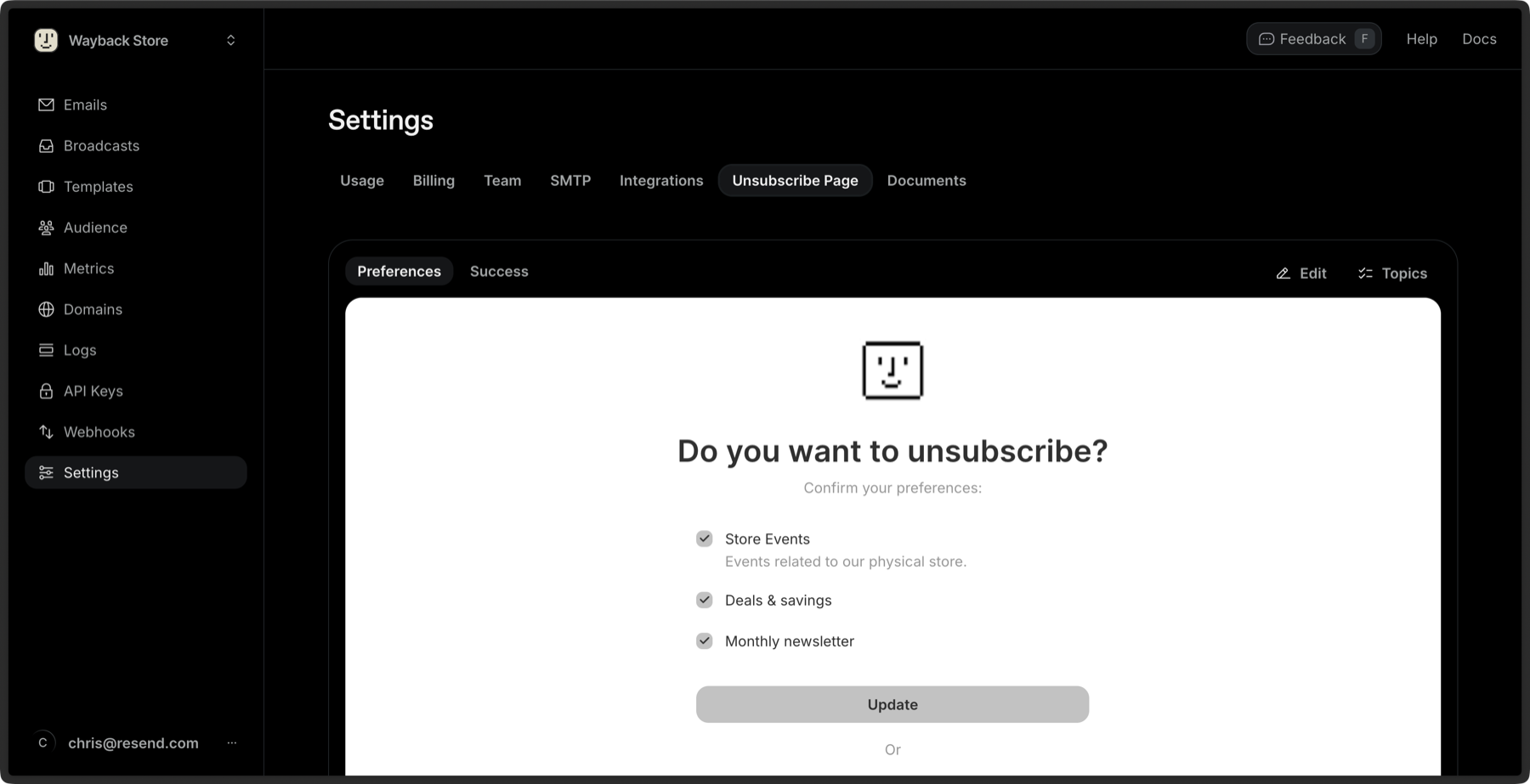 See Topics on the Unsubscribe Page