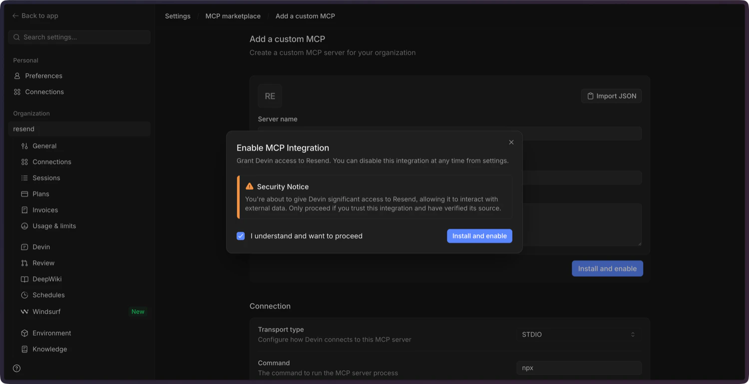 Confirming the Resend MCP server in Devin
