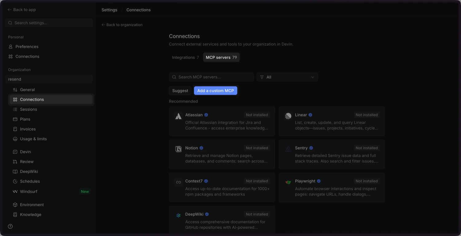 Selecting MCP Servers under Connections in Devin