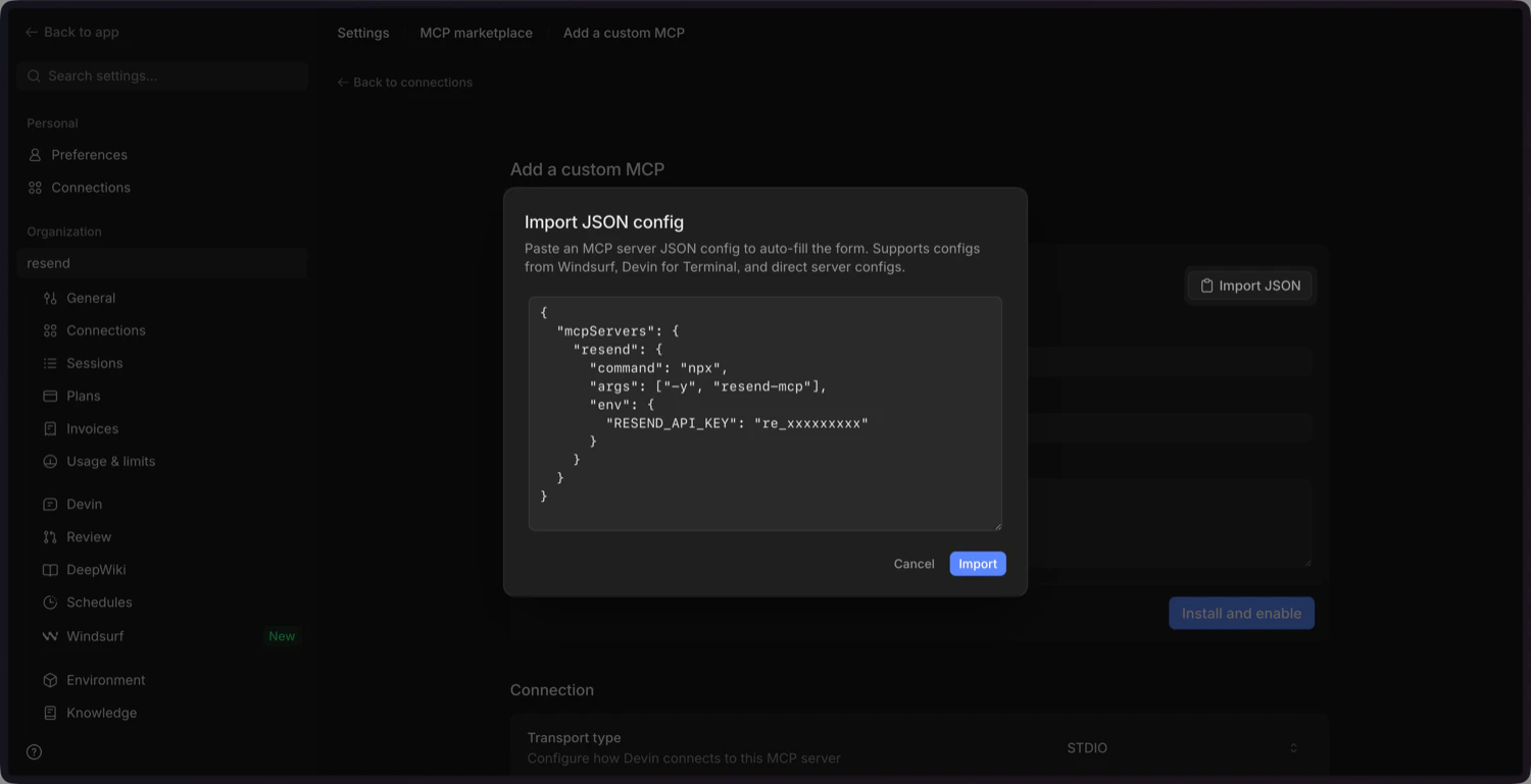 Pasting the Resend MCP configuration in Devin