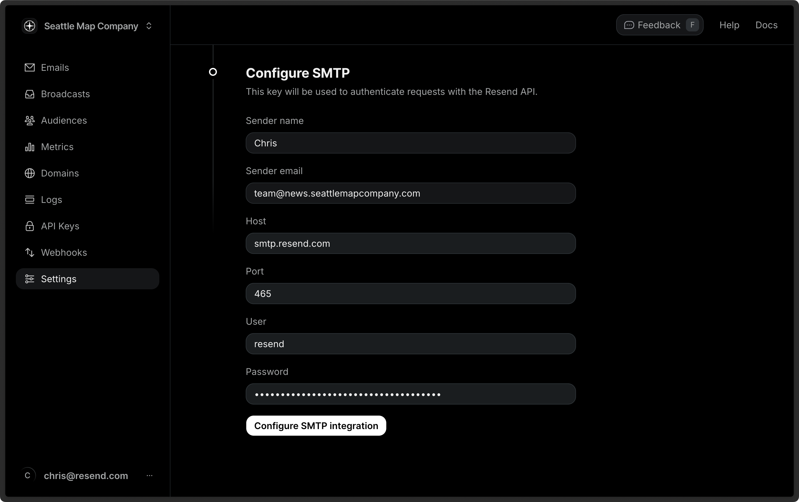 Resend Integrations settings
