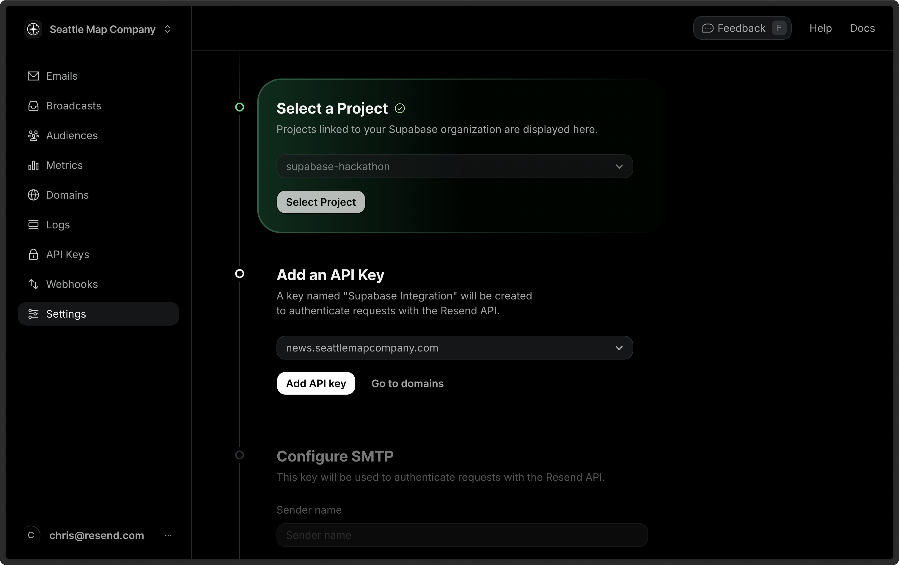 Resend Integrations settings