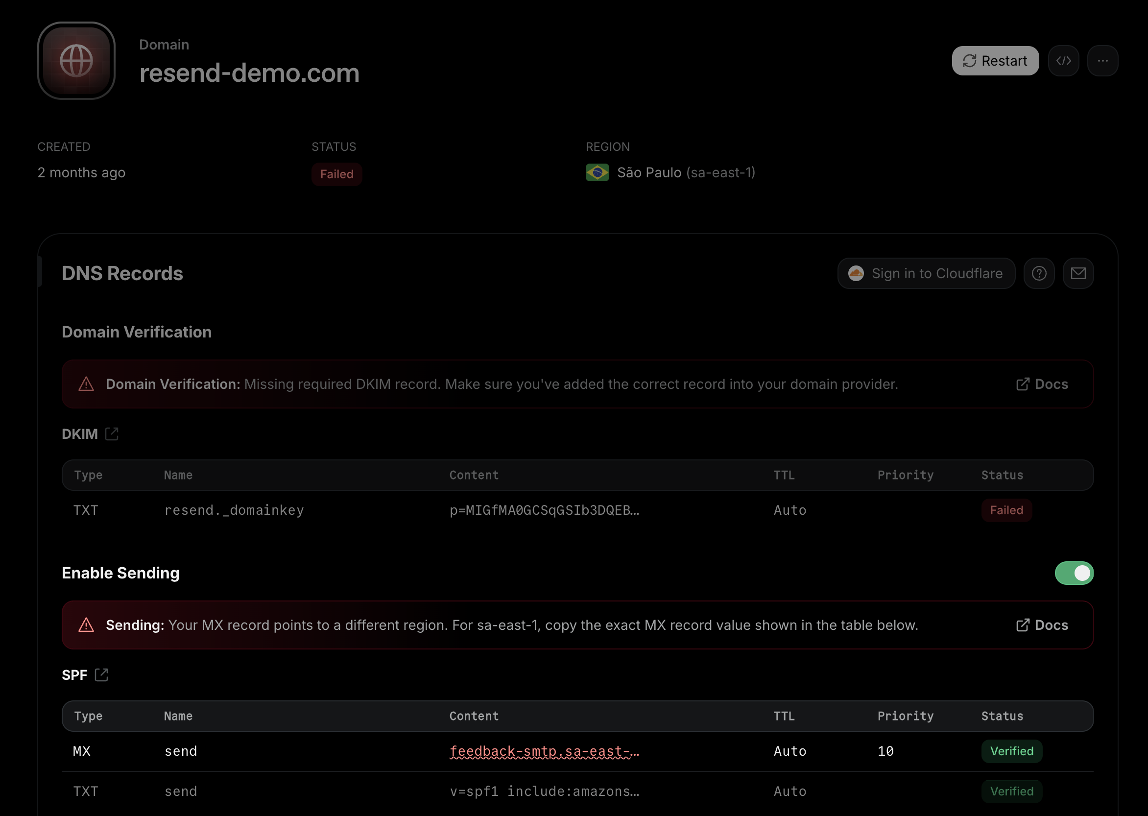 Check for errors in the domain details page
