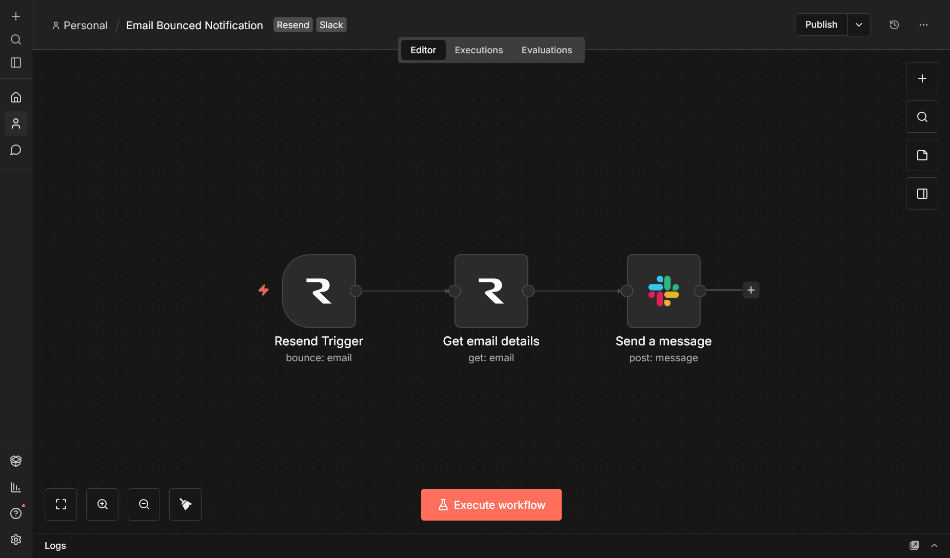 Resend node in the n8n editor