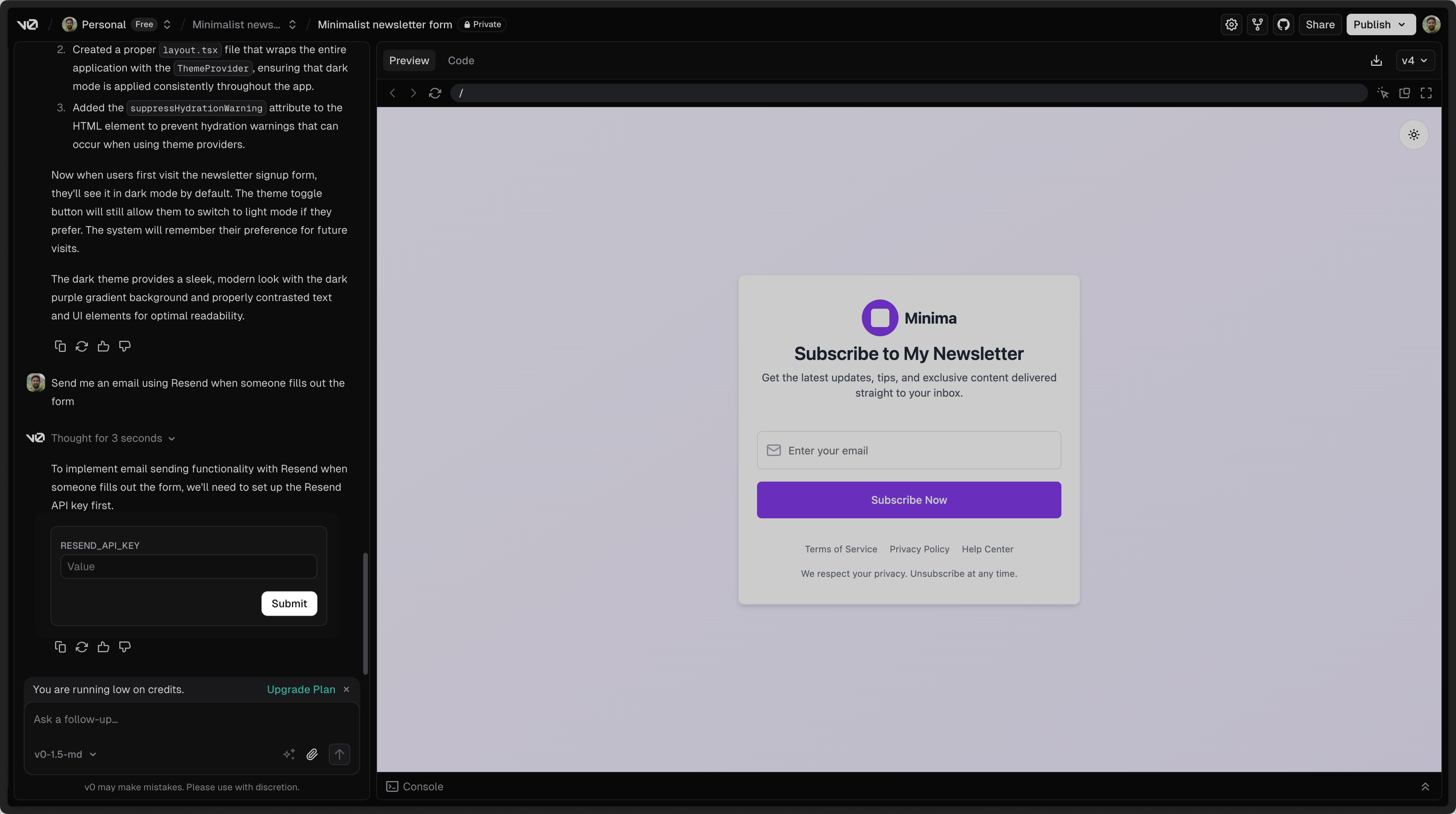 adding the Resend integration to a v0 chat