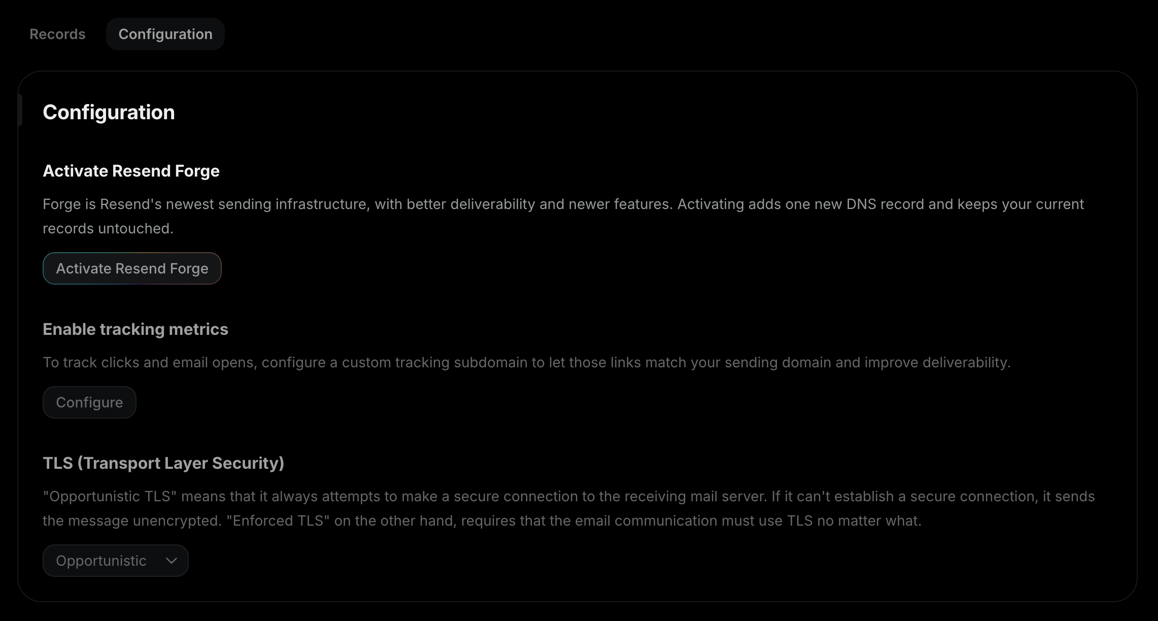 The Activate Resend Forge section in the domain's Configuration tab