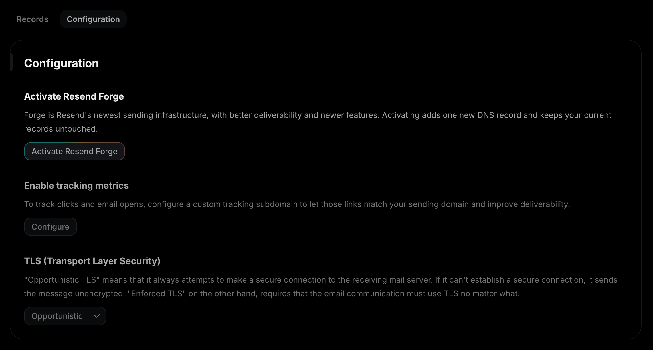 The Activate Resend Forge section in the domain's Configuration tab