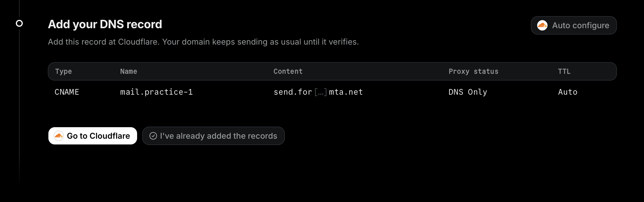 The DNS Records step showing the CNAME record to add at your DNS provider