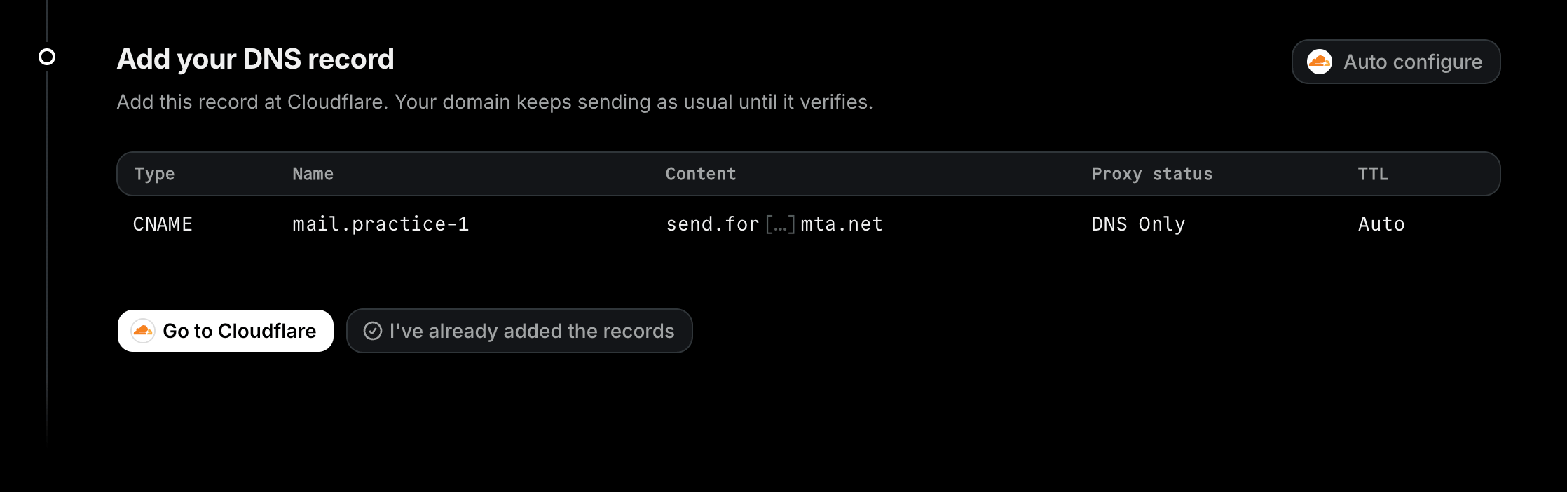 The DNS Records step showing the CNAME record to add at your DNS provider