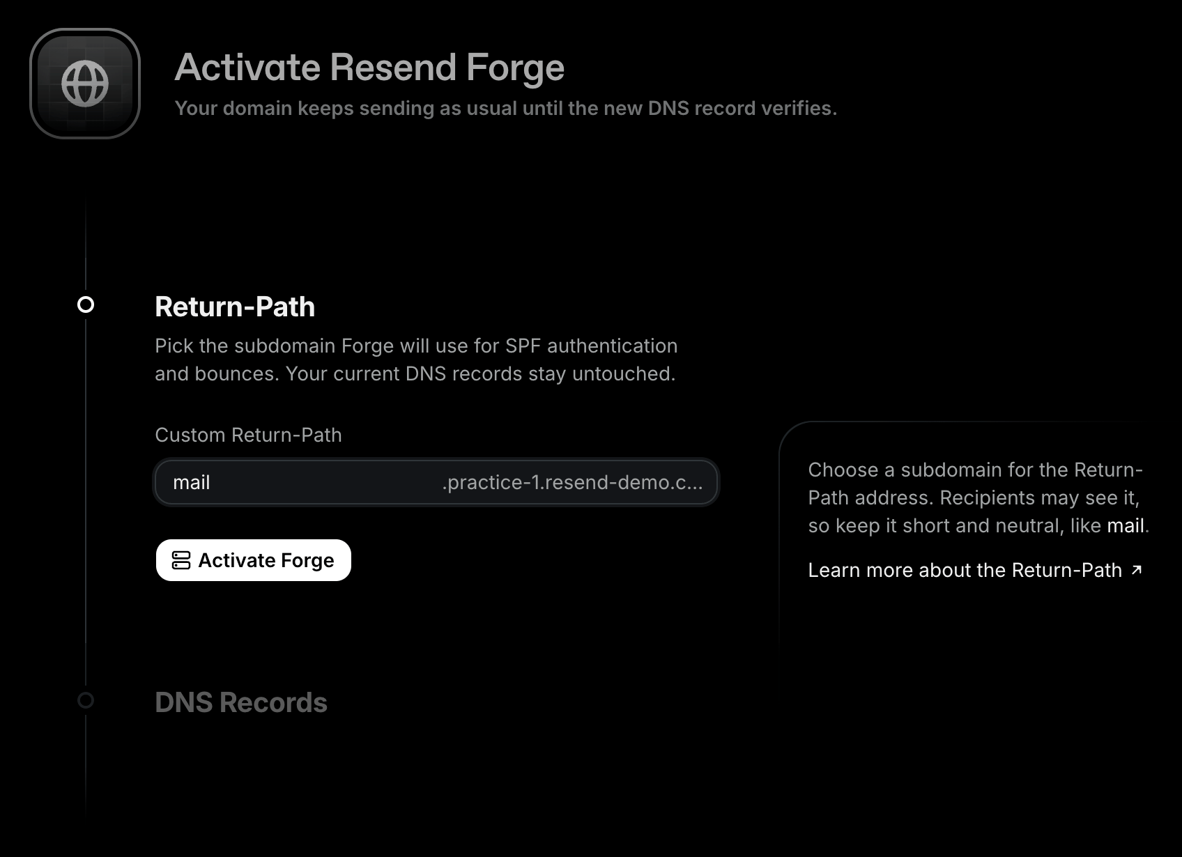 The Return-Path step of the Activate Resend Forge page