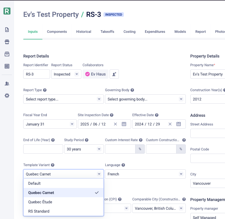 Template Variant and Language fields on the Inputs tab