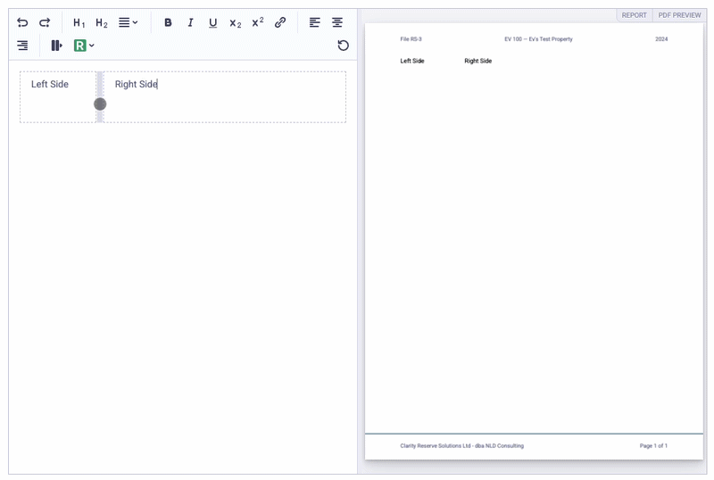 Dragging the divider to resize columns in a report template