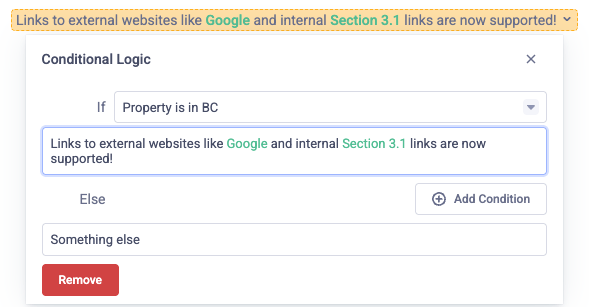 Conditional logic editor showing web and section links in conditional text