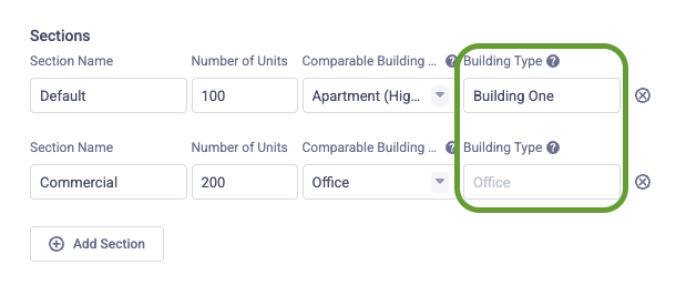 Property section inputs showing the Comparable Building Type(s) and Building Type fields