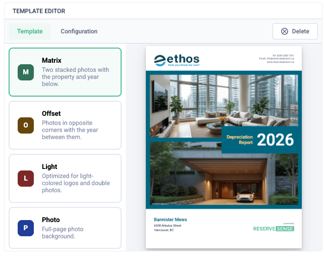 Template editor showing the cover page layout picker with a Matrix cover preview