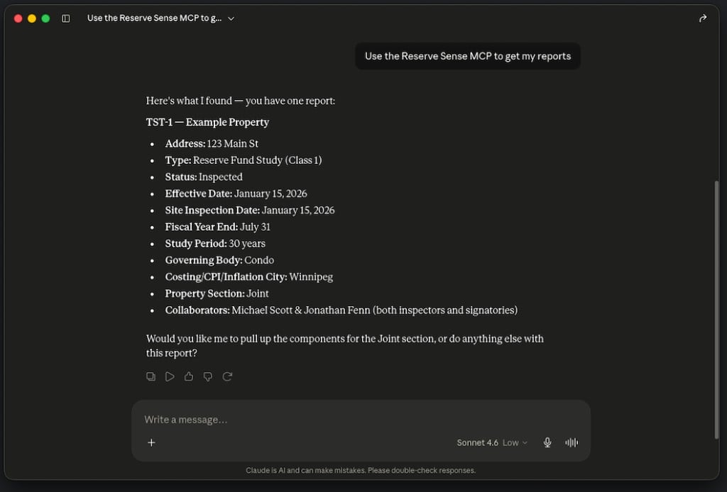 Claude Desktop showing a Reserve Sense report retrieved through the MCP connection