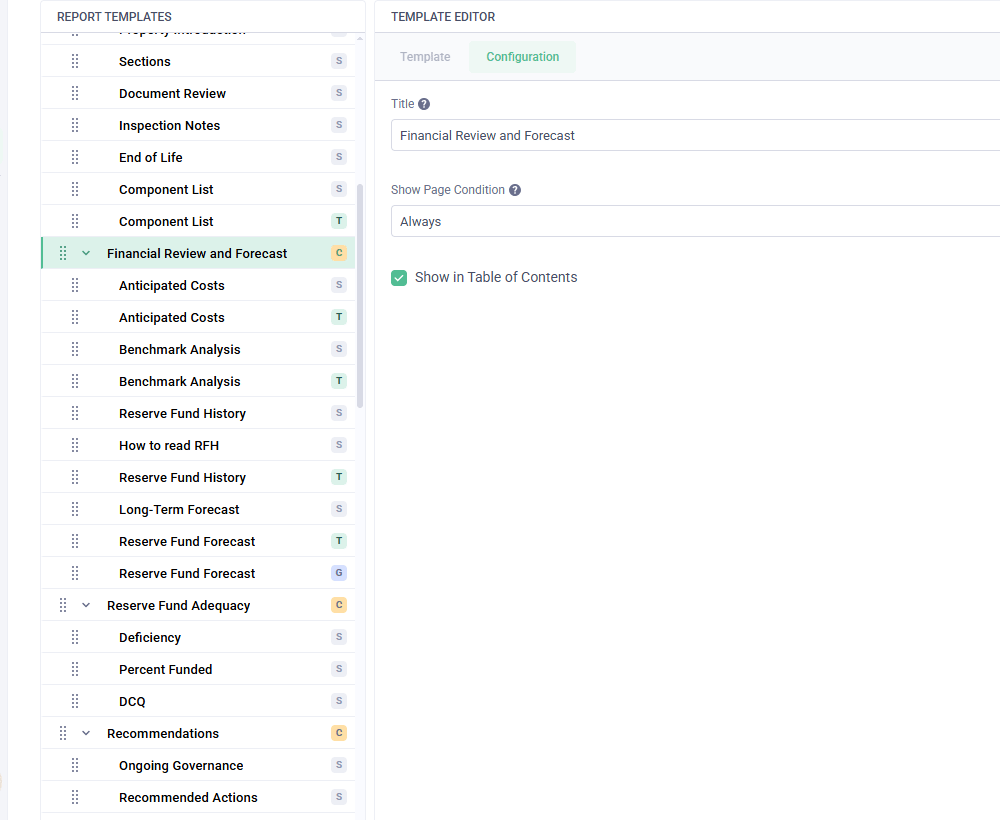 Expanded Financial Review and Forecast chapter containing Standalone, Table, and Graph pages in the Report Templates layout tree
