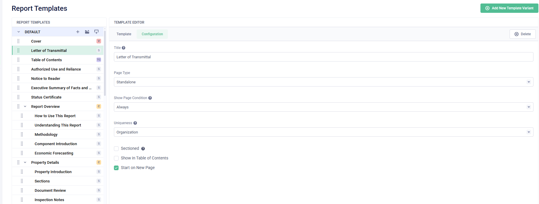 Report Templates configuration panel for a Letter of Transmittal, showing Page Type, Show Page Condition, Uniqueness, Sectioned, Show in Table of Contents, and Start on New Page settings