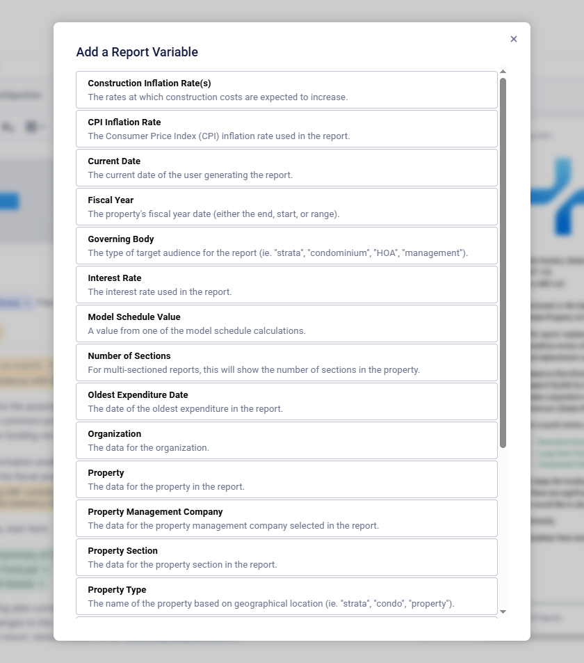 Add a Report Variable dialog listing available Reserve Sense variables and their descriptions