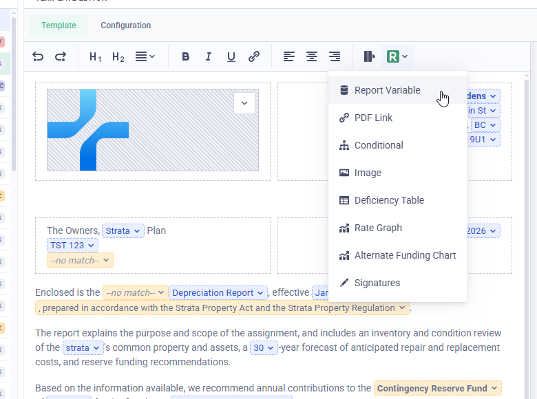 Reserve Sense menu opened from the R button in the template editor, with Report Variable as the first option