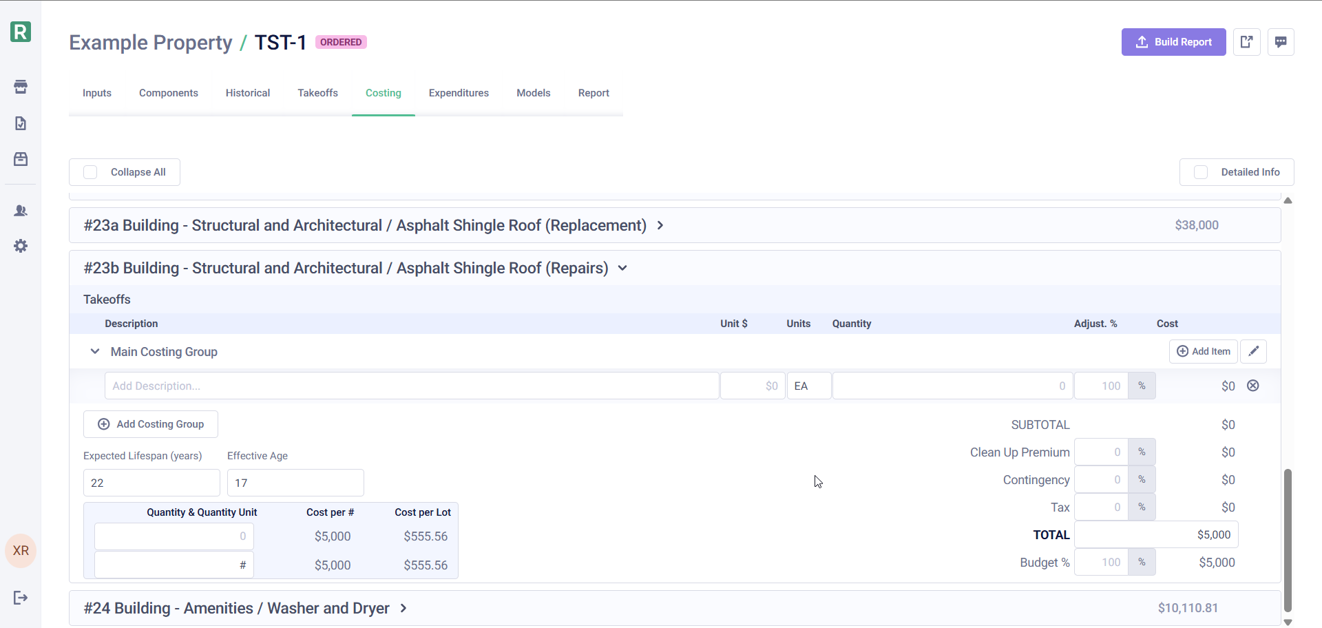 Costing tab showing separate rows for each stage