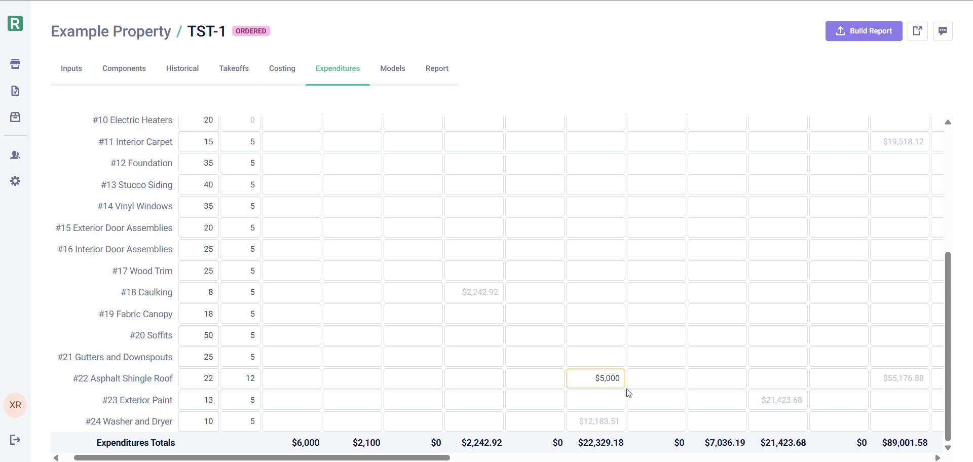 Expenditures tab with one-time repair value