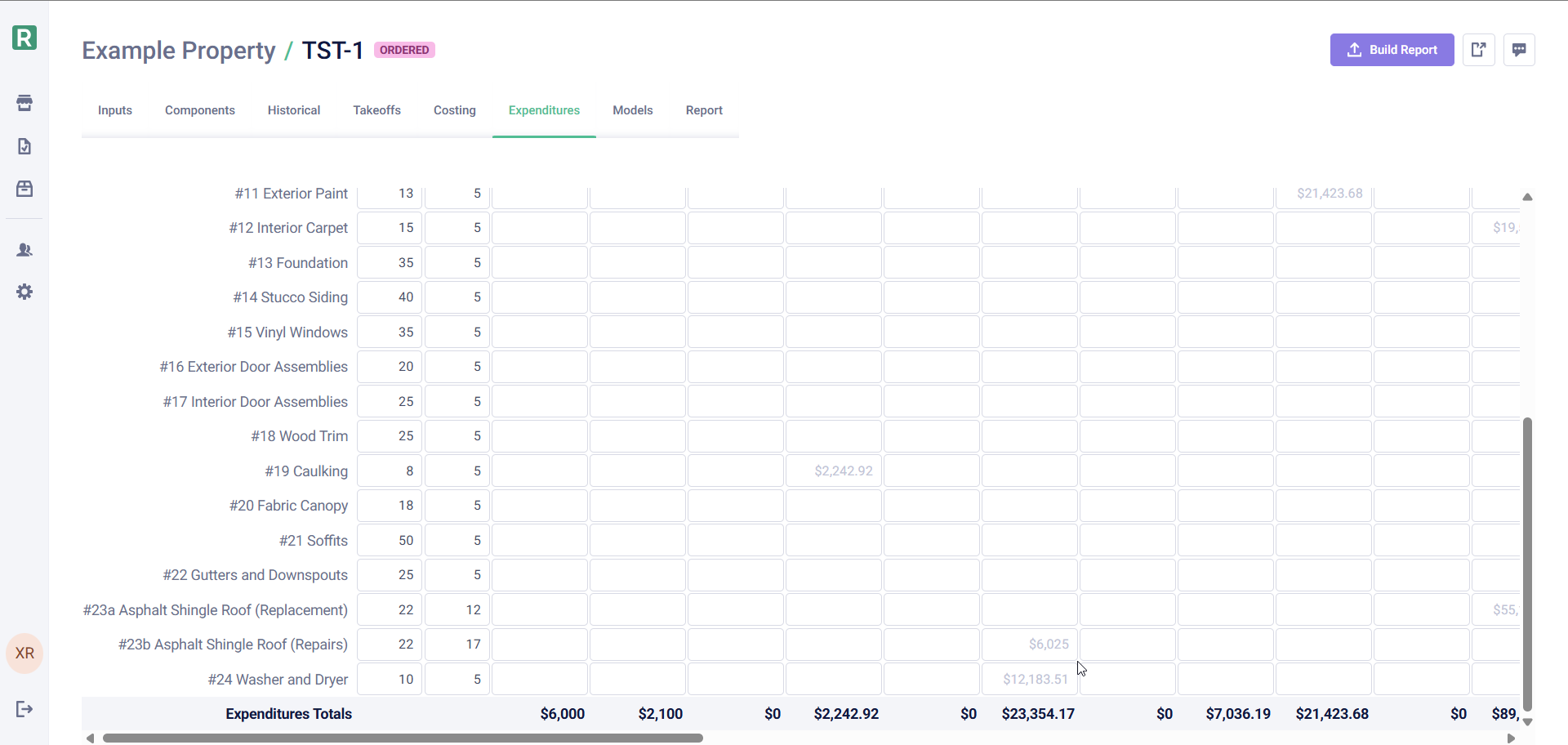 Expenditures tab showing stage letter suffixes (#23a, #23b)