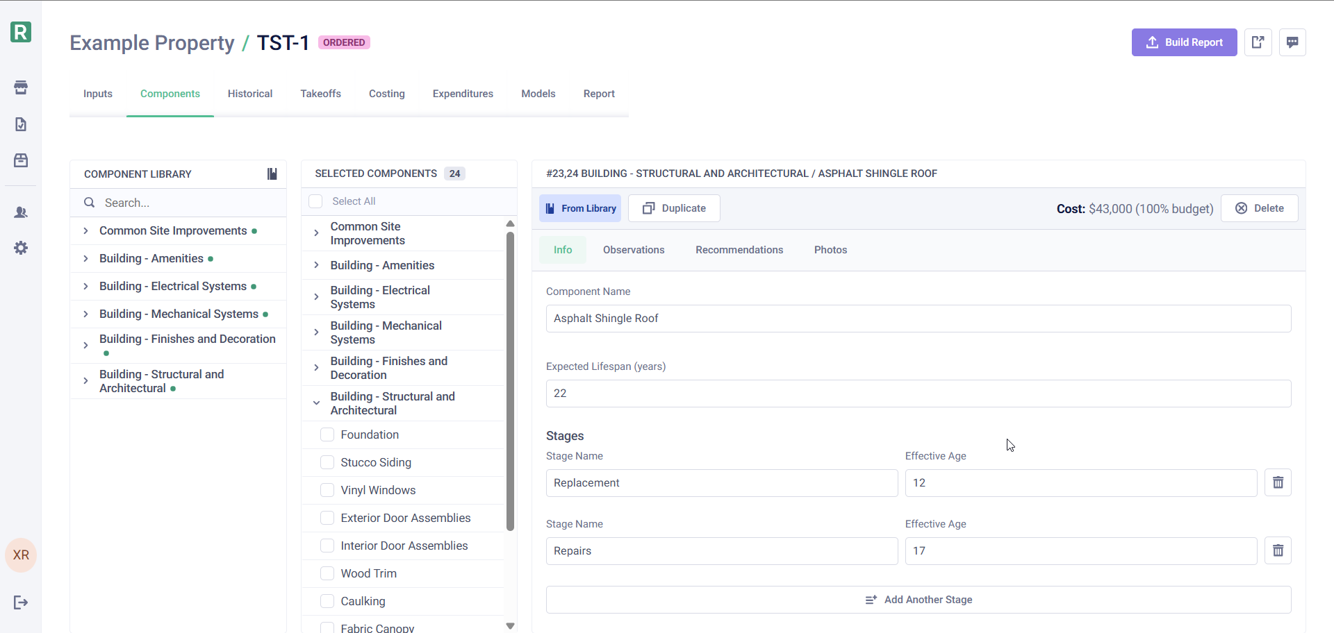Component details panel showing two stages