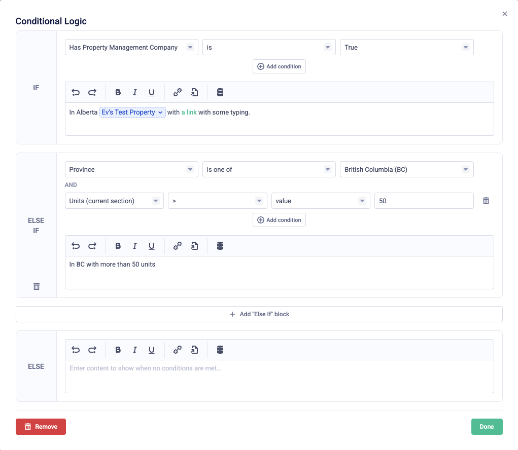 Conditional Logic modal with If, Else If, and Else branches, field-based rules, and rich text editors