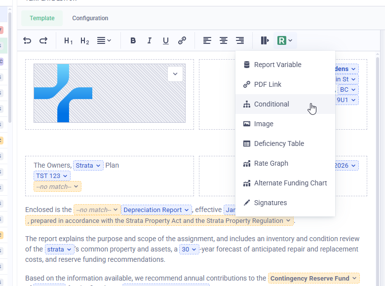 Reserve Sense menu opened from the R button in the template editor, with Conditional selected