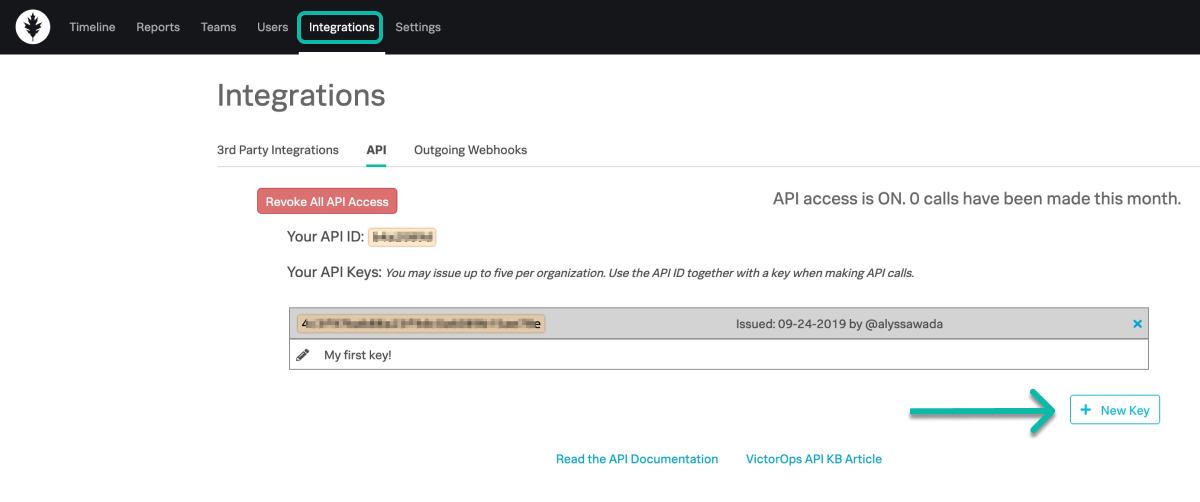 The API tab of the Integrations page in Splunk On-Call, showing Your API ID above the list of API keys and the New Key button