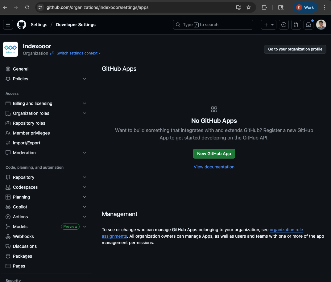GitHub Apps page in organization settings