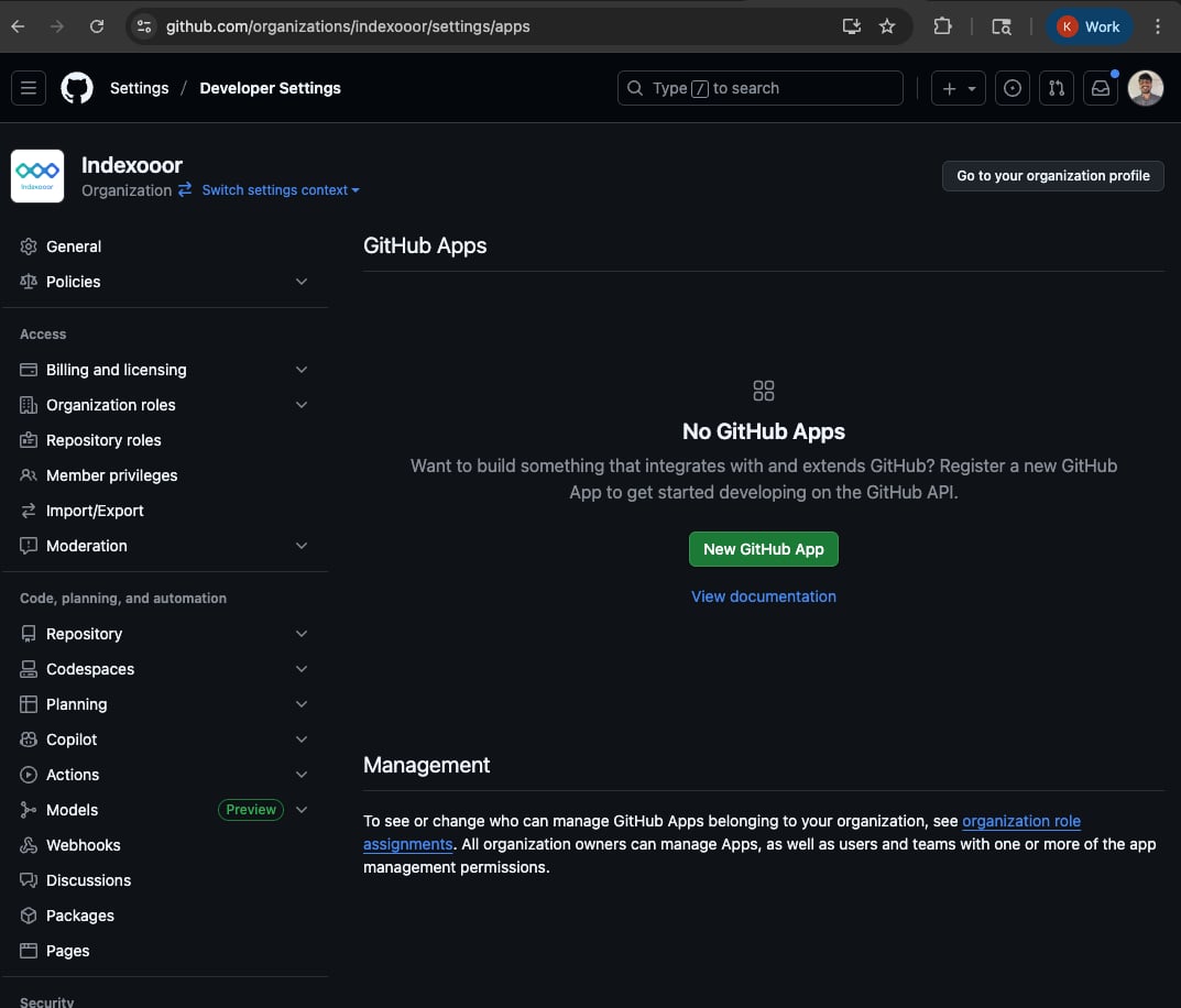 GitHub Apps page in organization settings