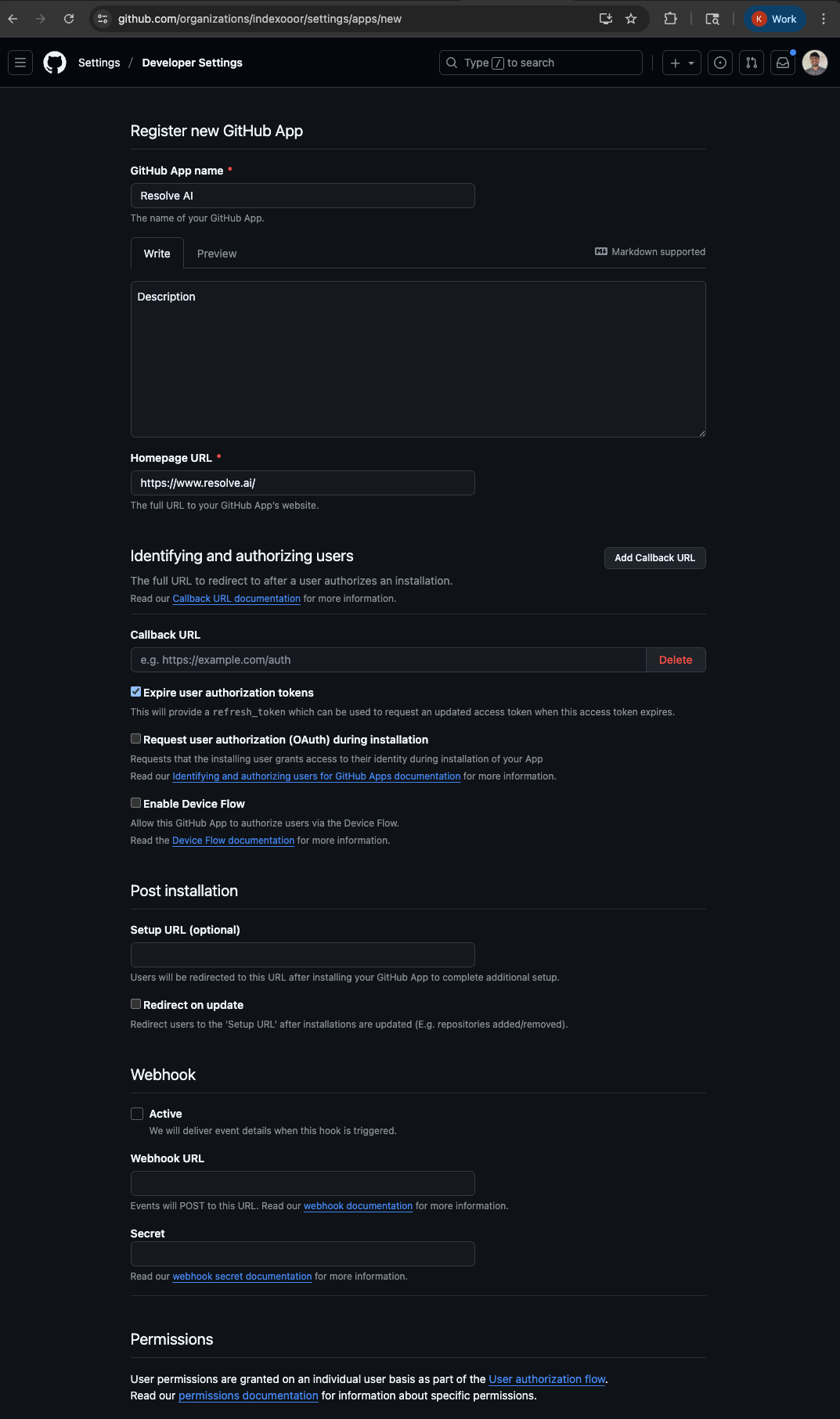 Register new GitHub App form