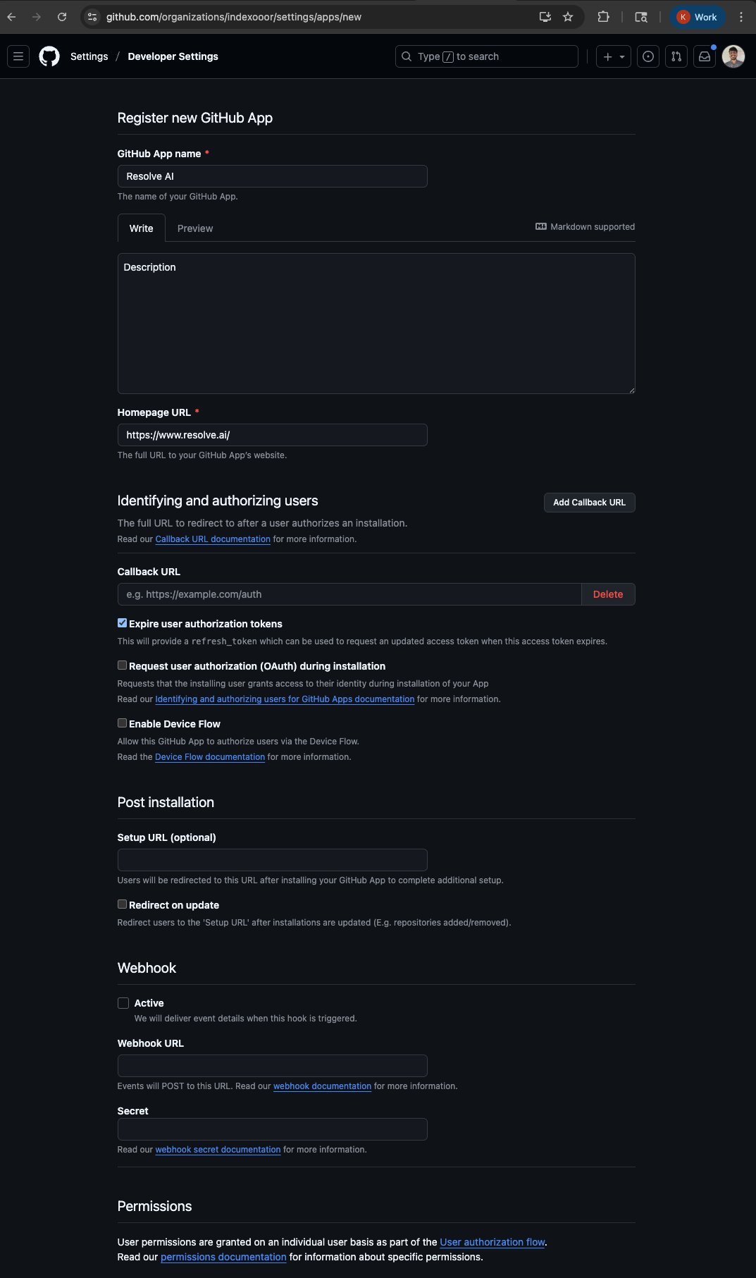 Register new GitHub App form