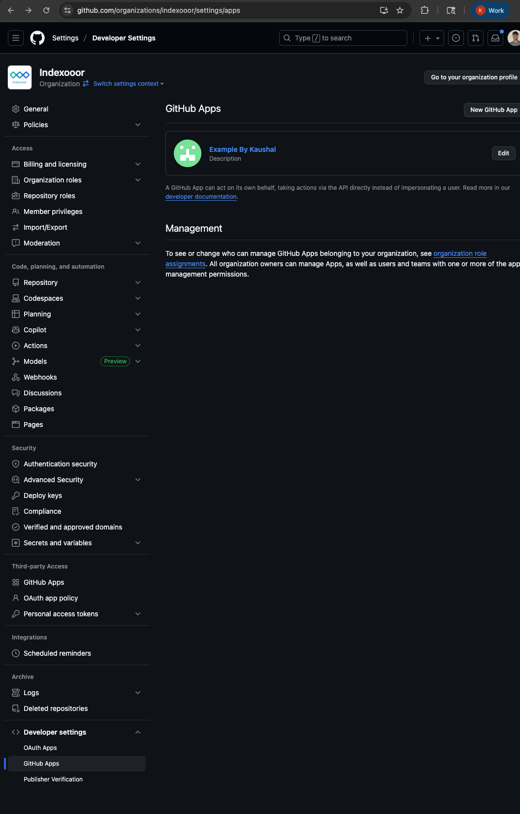 GitHub Apps list showing the new app