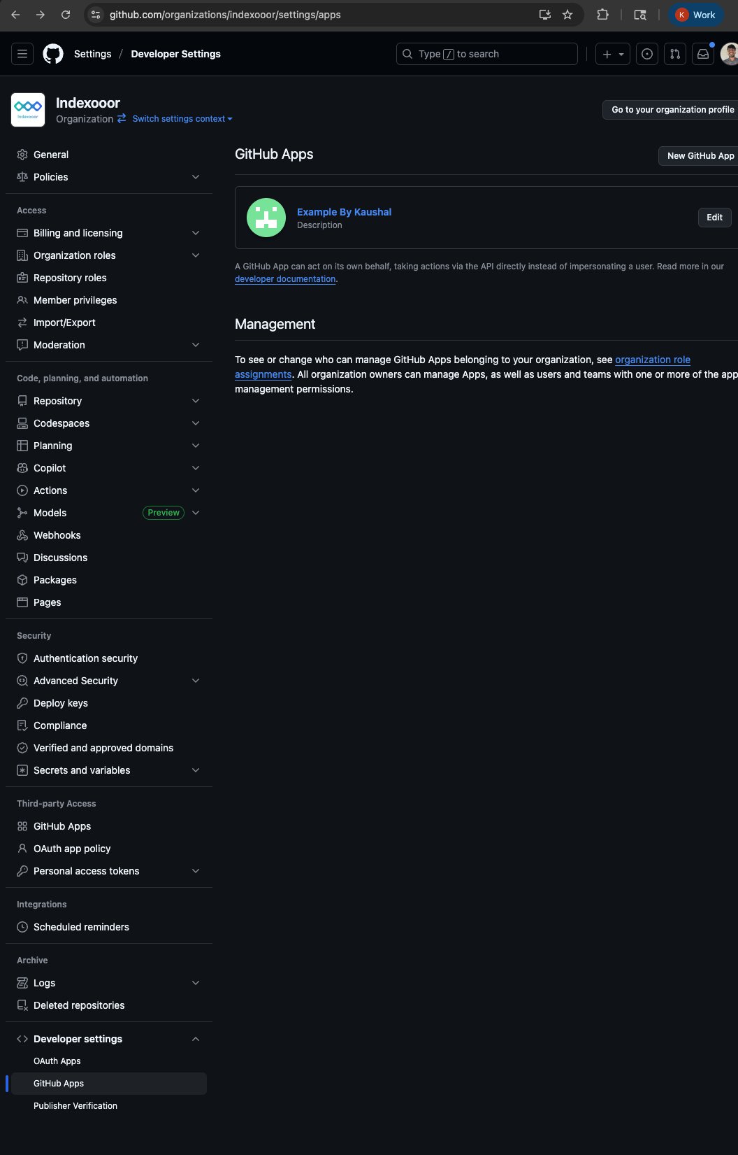 GitHub Apps list showing the new app