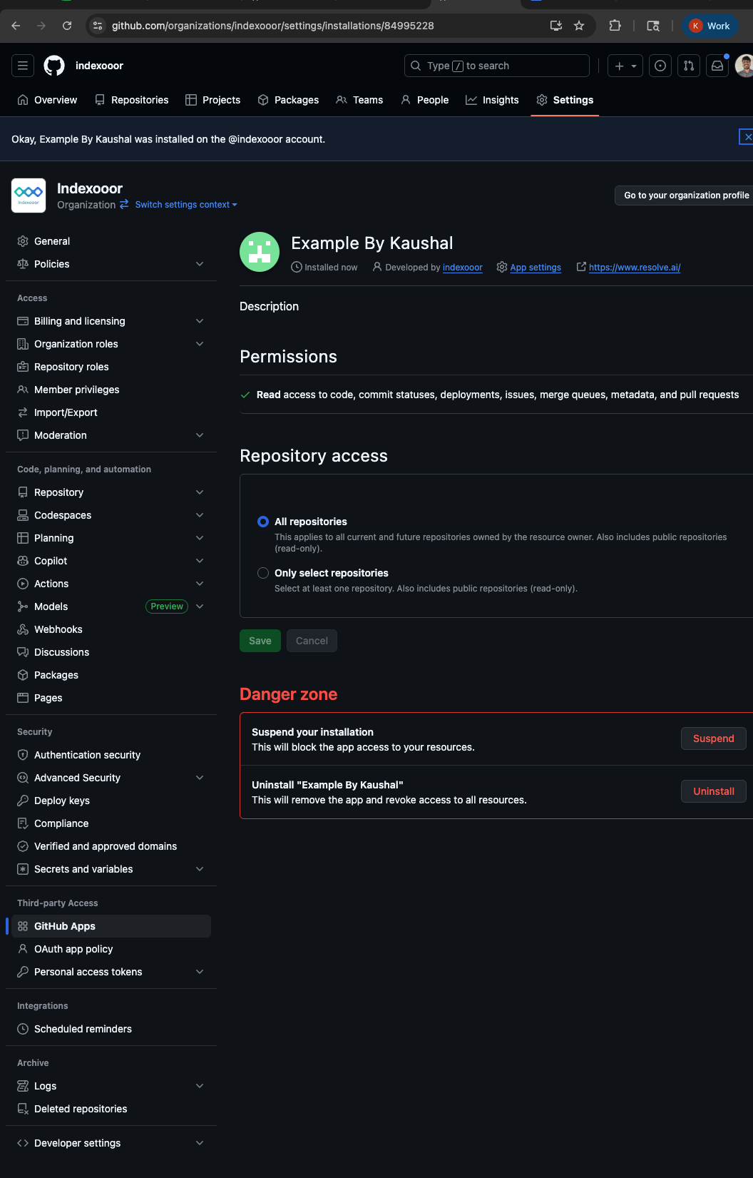 Installation URL containing the installation ID