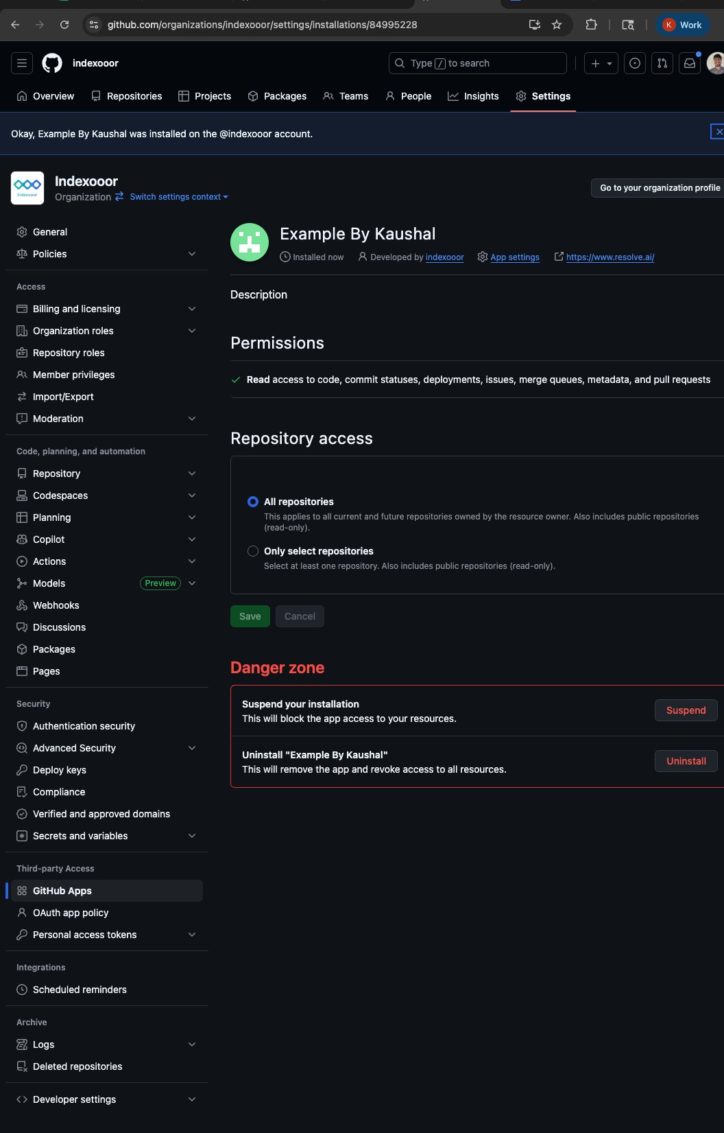 Installation URL containing the installation ID