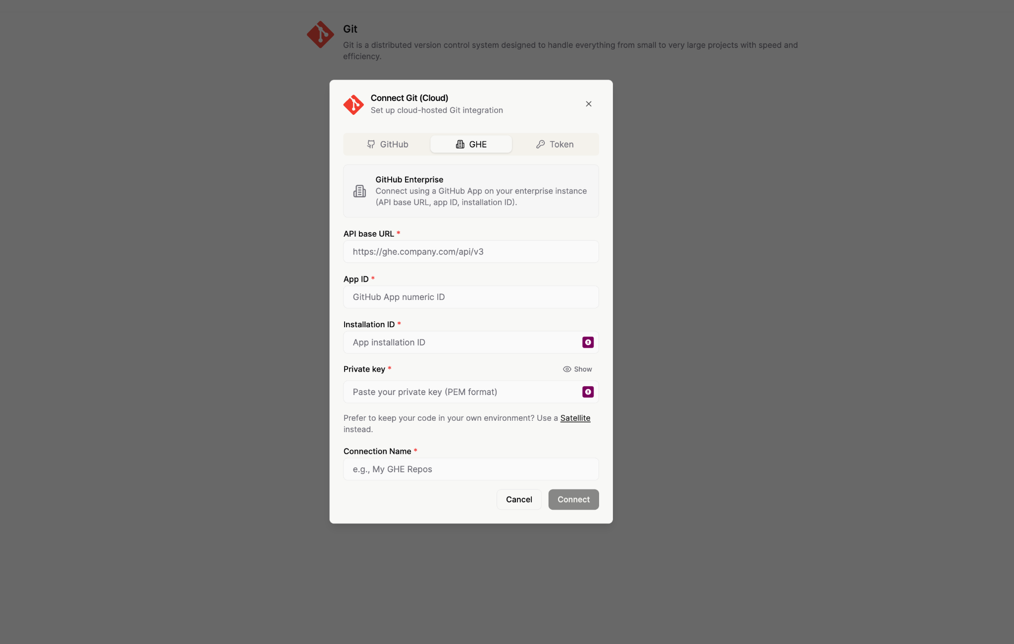 Connect Git (Cloud) modal with the GHE tab selected