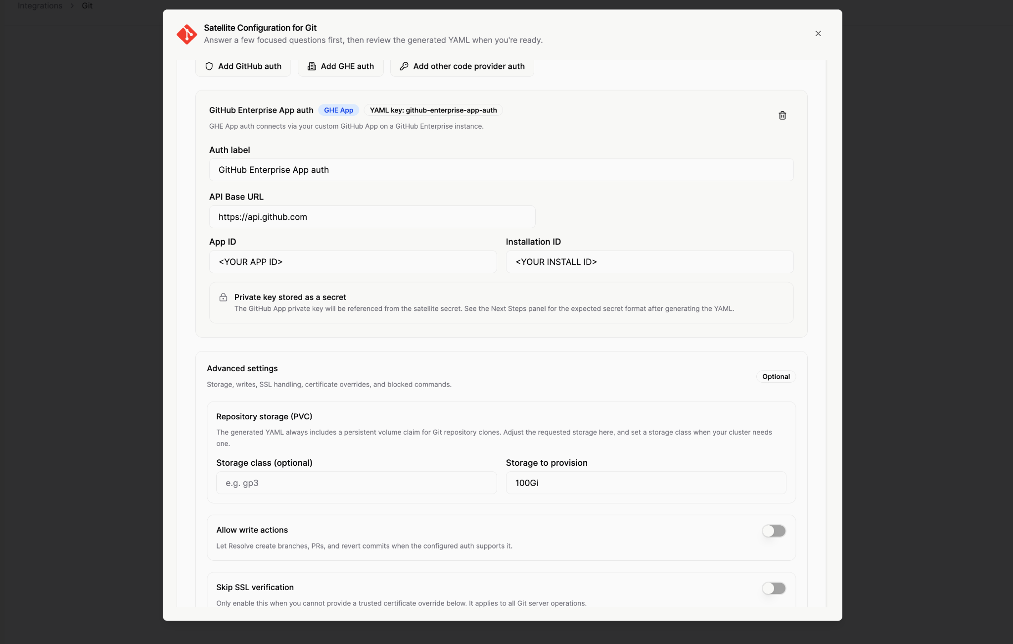 Satellite Configuration for Git, Add GHE auth form