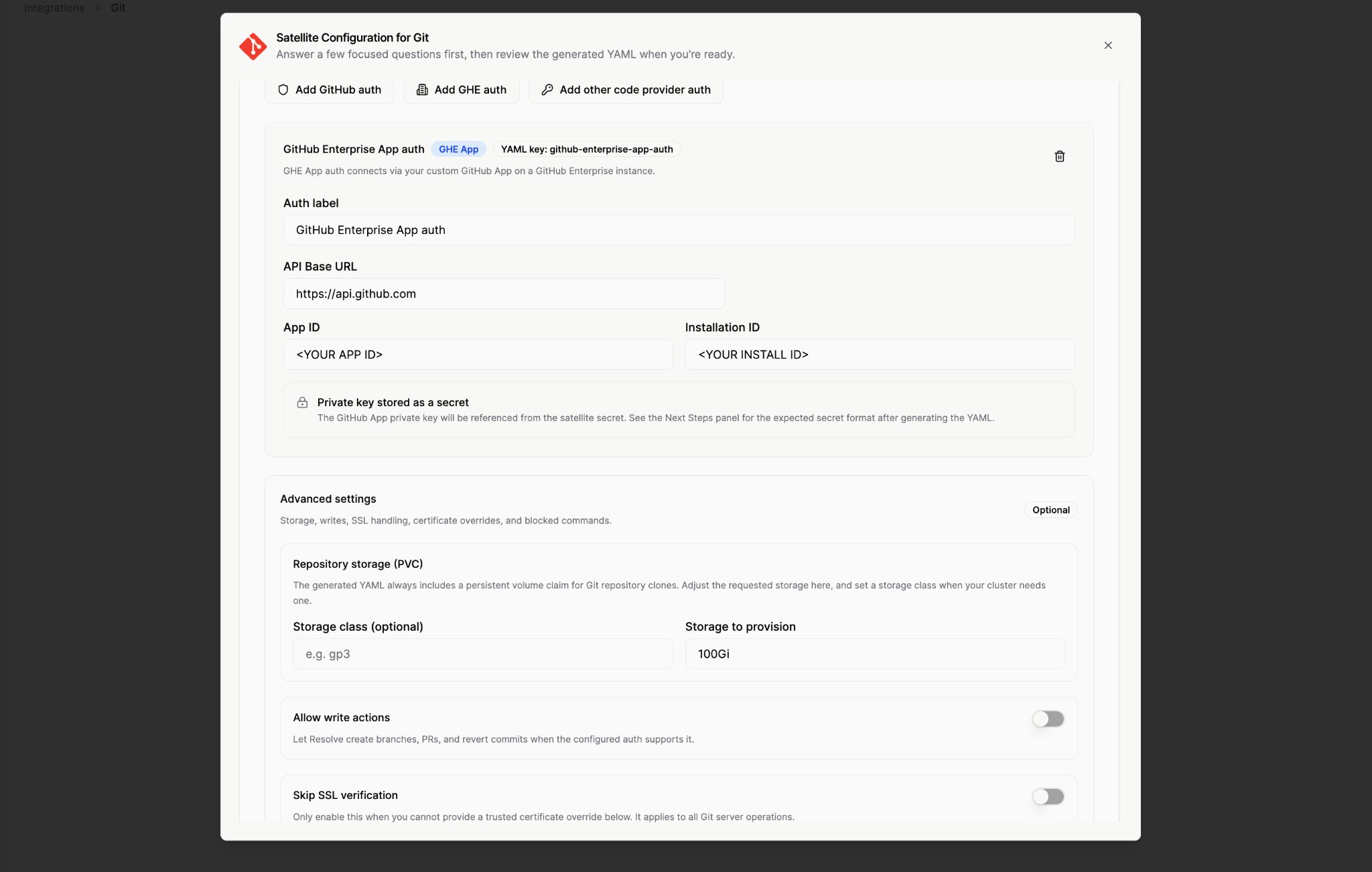 Satellite Configuration for Git, Add GHE auth form